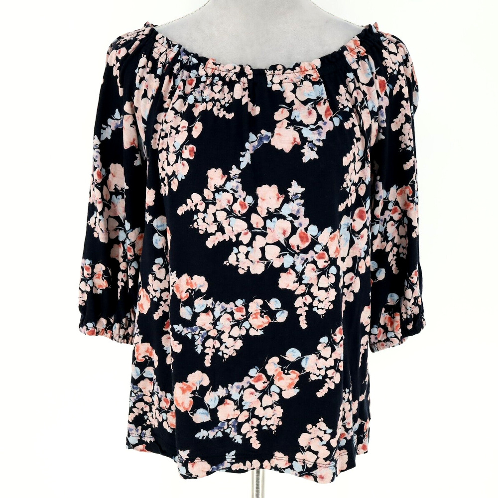 J Jill Top Petites MP PM Blue Pink Floral Blouse Cotton Modal Whimsy Coastal